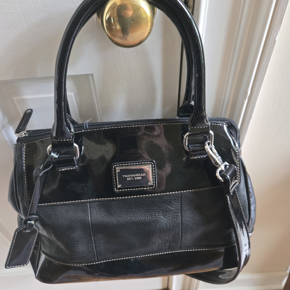 Tignanello Black Satchel with Glossy Finish and Silver Accents